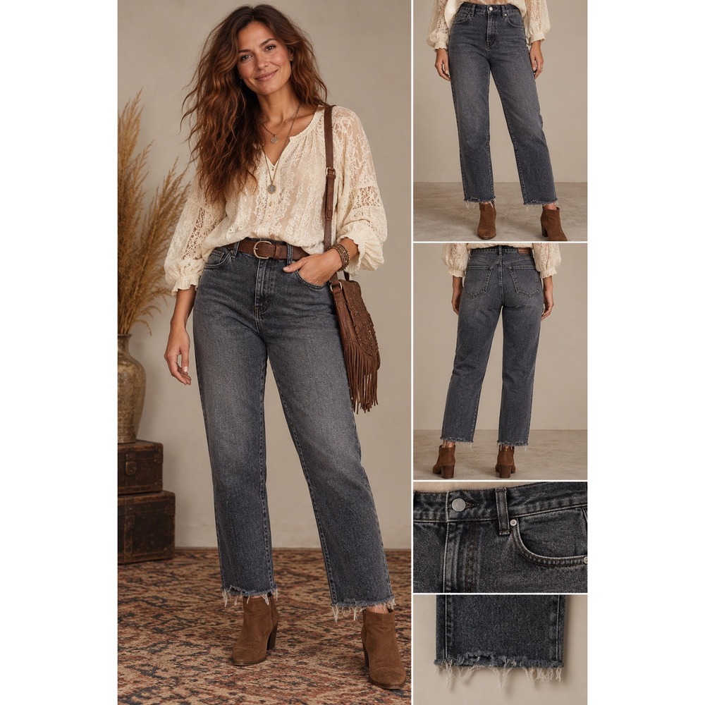 Madewell The Perfect Vintage Straight Jean Faded Black Gray wash Raw Hem Size 26